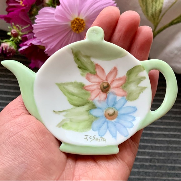 Vintage Tea Bag Caddy Holder / Hand Painted Ceramic Tea Bag Holder Trinket Dish. - Picture 1 of 12